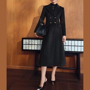 Black Double Breasted Lapel Long Coat with Gold Button Front